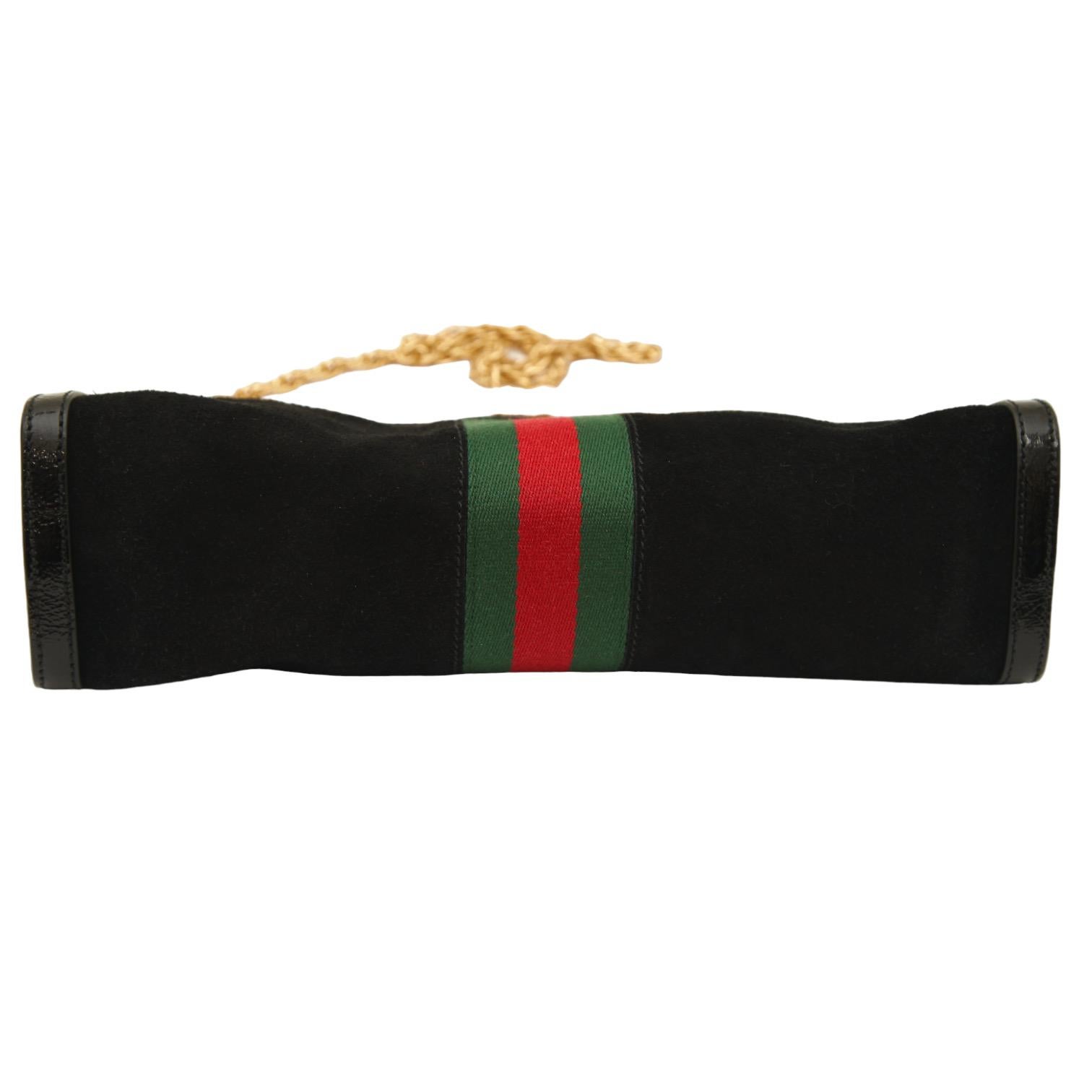 GUCCI Black Suede Patent Leather Bag Medium Ophidia Web Green Chain Gold For Sale 2