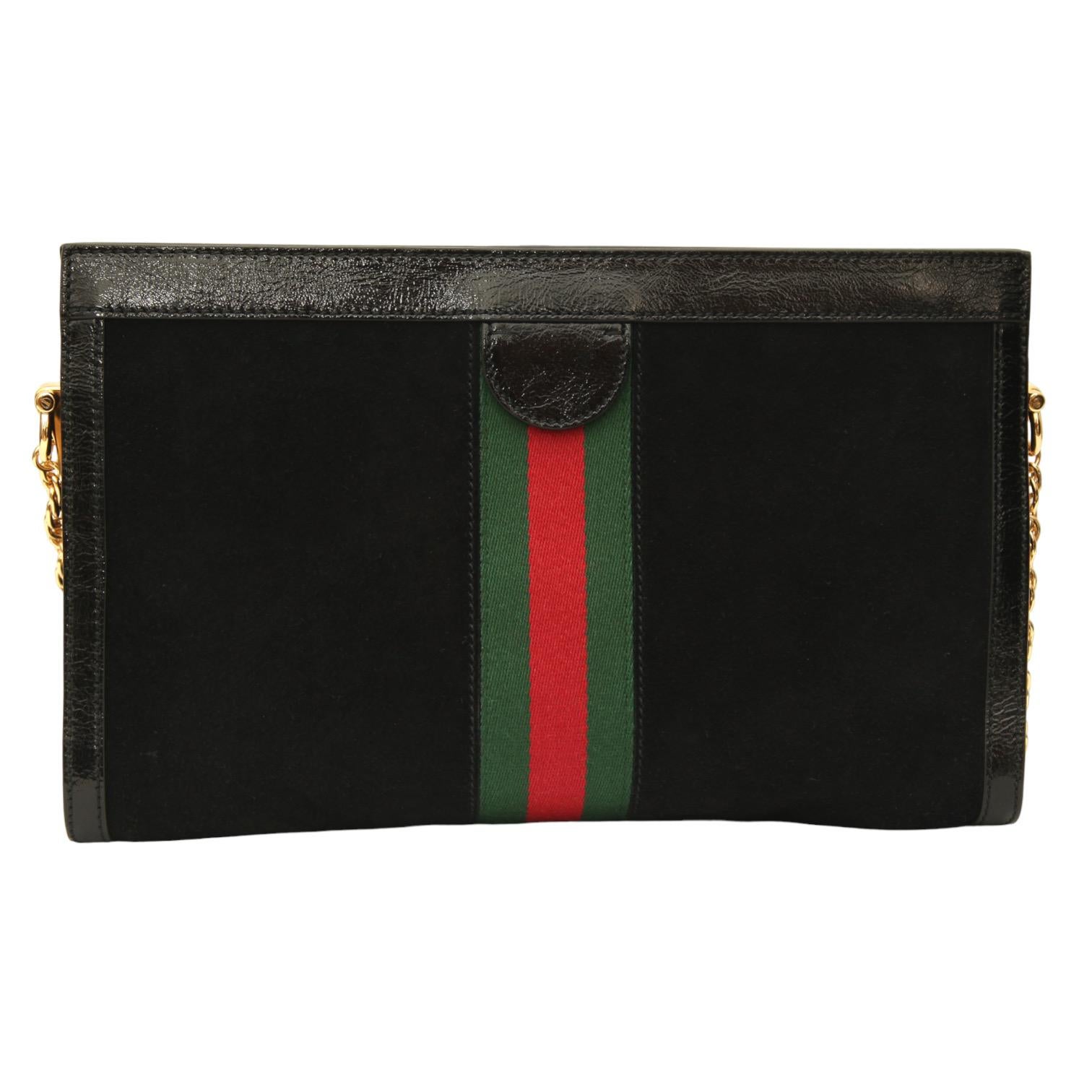GUCCI Black Suede Patent Leather Bag Medium Ophidia Web Green Chain Gold For Sale 3