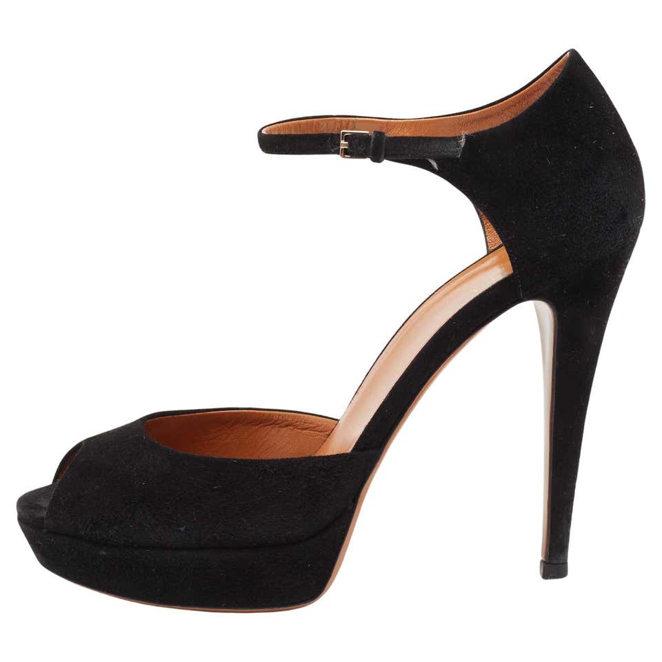 Gucci Black Suede Peep Toe Ankle Strap Platform Sandals Size 38.5 For ...
