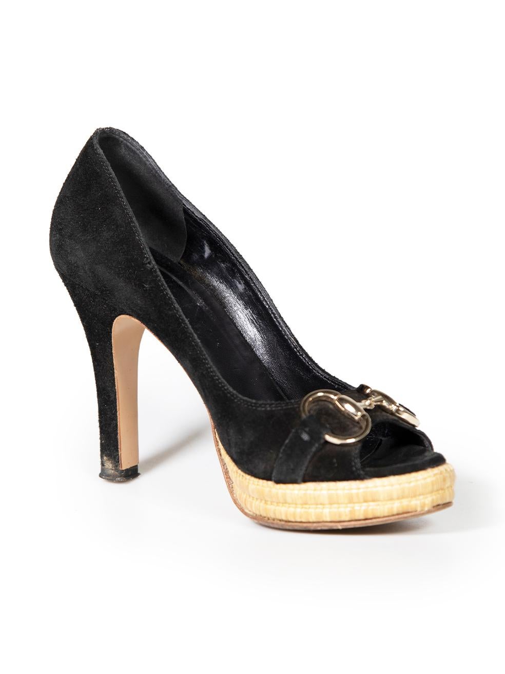 CONDITION is Good. Minor wear to shoes is evident. Light wear to both shoe heels and the right shoe toe with abrasions to the suede. The right shoe platform has also come slightly unravelled at the toe on this used Gucci designer resale item. These