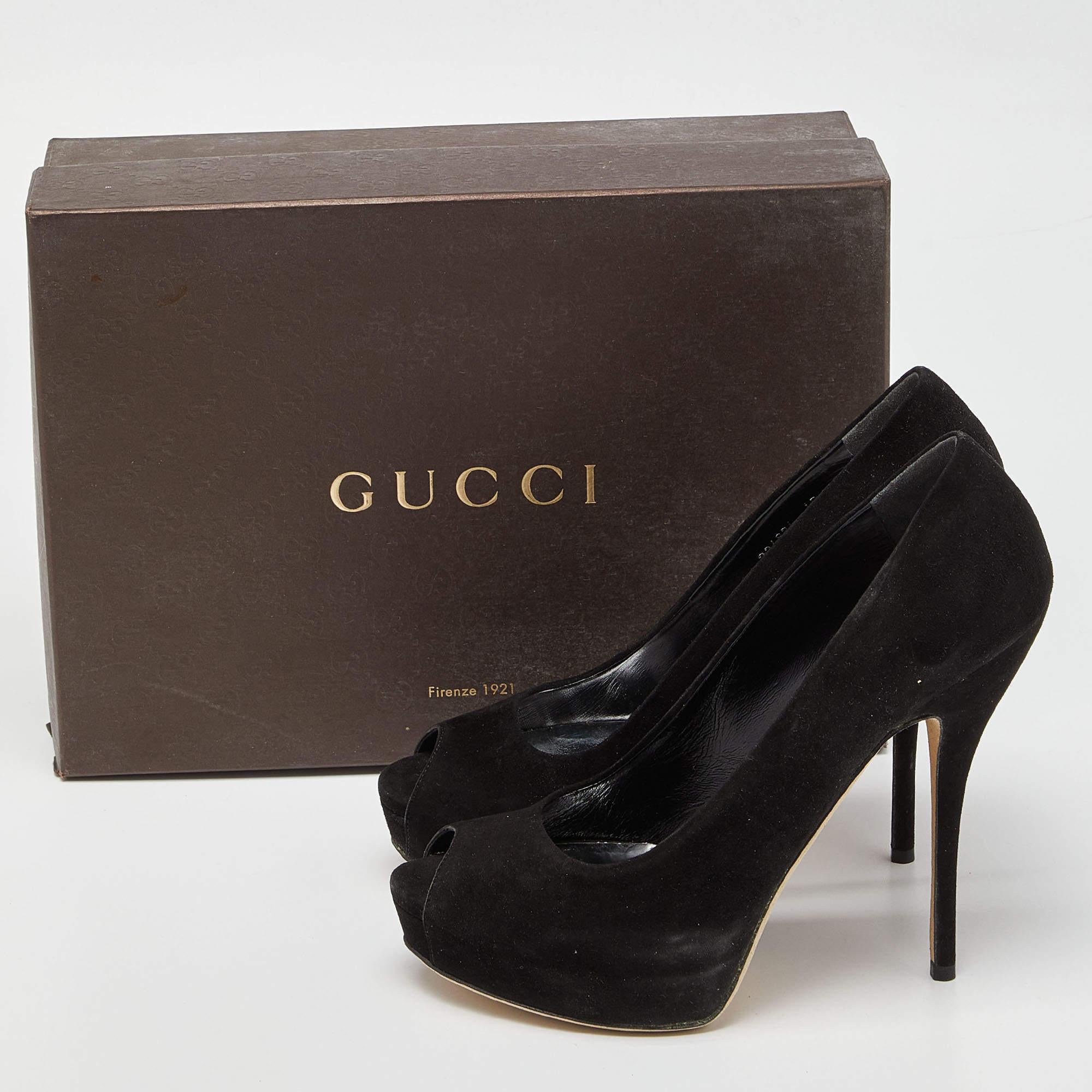 Gucci Black Suede Peep-Toe Platform Pumps  For Sale 6