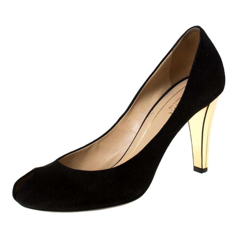 Gucci Black Suede Peep Toe Pumps Size 38.5