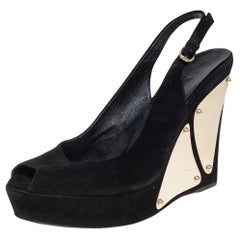 Gucci Black Suede Peep Toe Slingback Platform Wedge Sandals Size 37.5