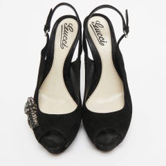 Gucci Black Suede Peep Toe Slingback Pumps Size 37.5