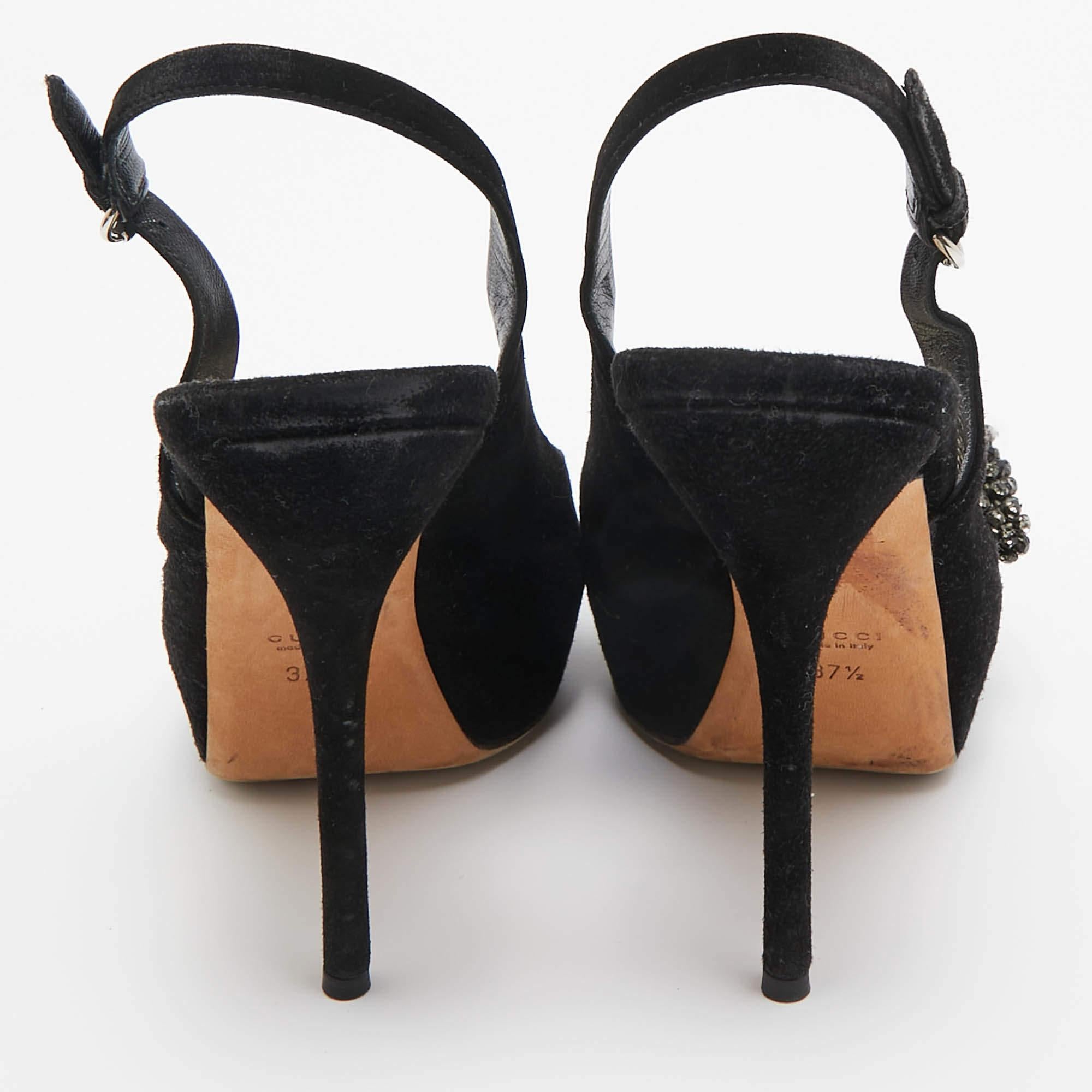 Women's Gucci Black Suede Peep Toe Slingback Pumps Size 37.5 For Sale