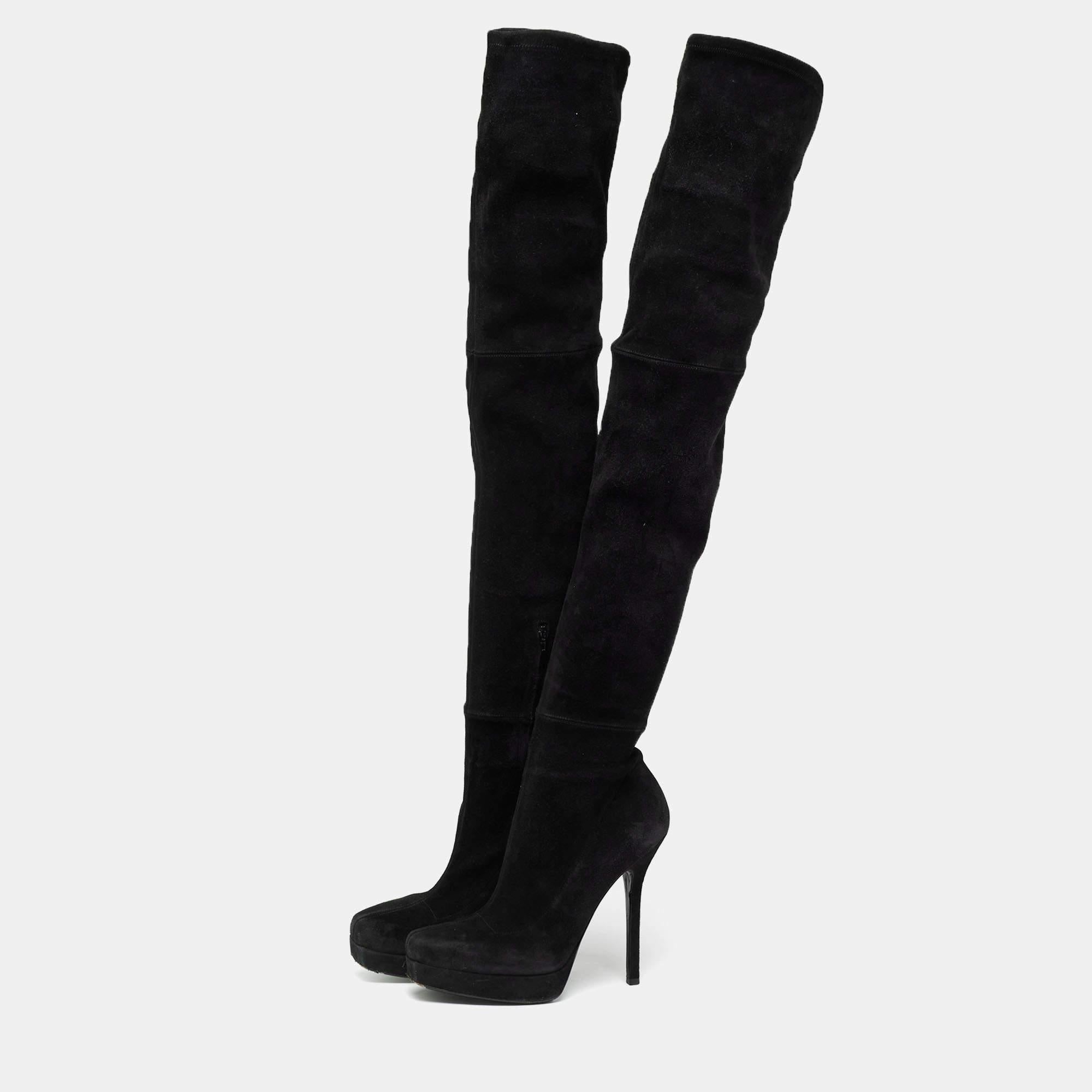 Gucci Black Suede Platform Over the Knee Boots Size 38.5 In Fair Condition For Sale In Dubai, Al Qouz 2