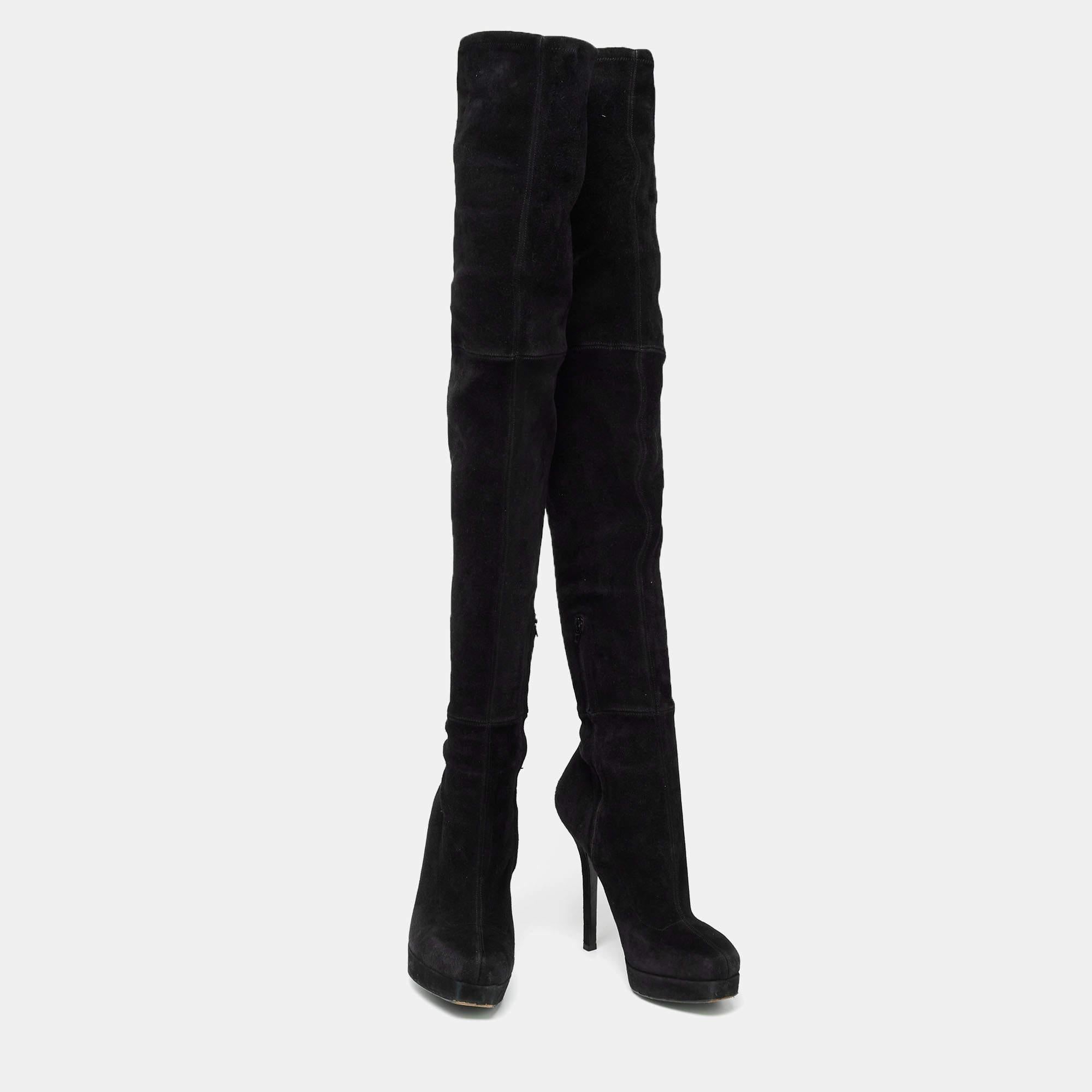 Women's Gucci Black Suede Platform Over the Knee Boots Size 38.5 For Sale