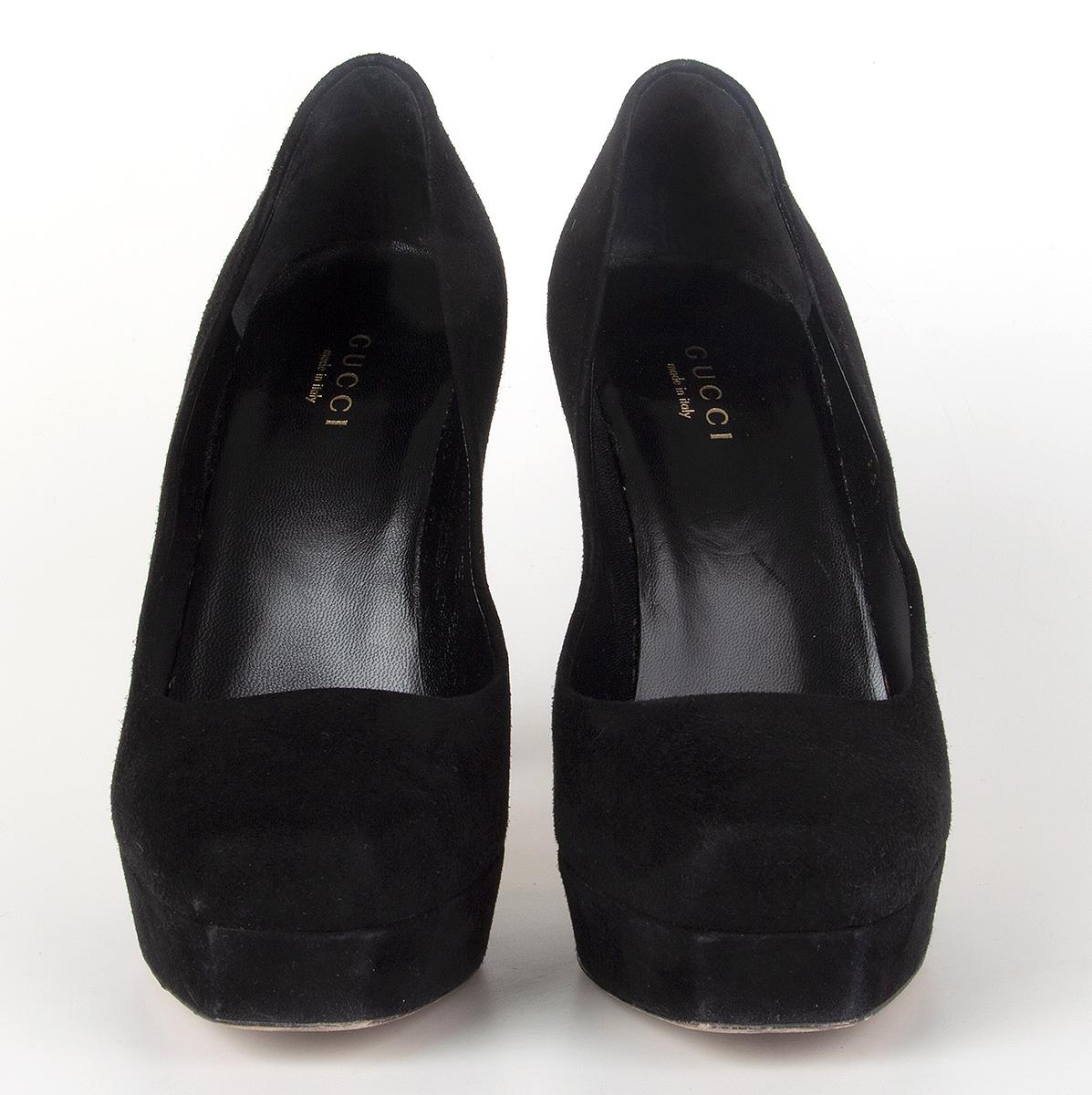 100% authentic Gucci square-toe platform pumps in black suede. Have been worn and are in excellent condition. Come with dust bag. 

Measurements
Imprinted Size	35.5
Shoe Size	35.5
Inside Sole	23cm (9in)
Width	7cm (2.7in)
Heel	11.5cm