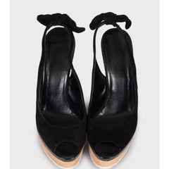 Gucci Black Suede Printed Wedge Sandals EU 35 Open Toe Slip-On Style