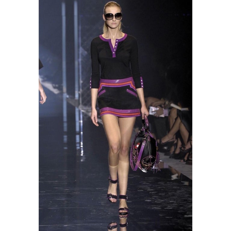 Gucci Black Suede Purple Pink Patent Leather Mod Mini Skirt Runway, 2007  For Sale at 1stDibs