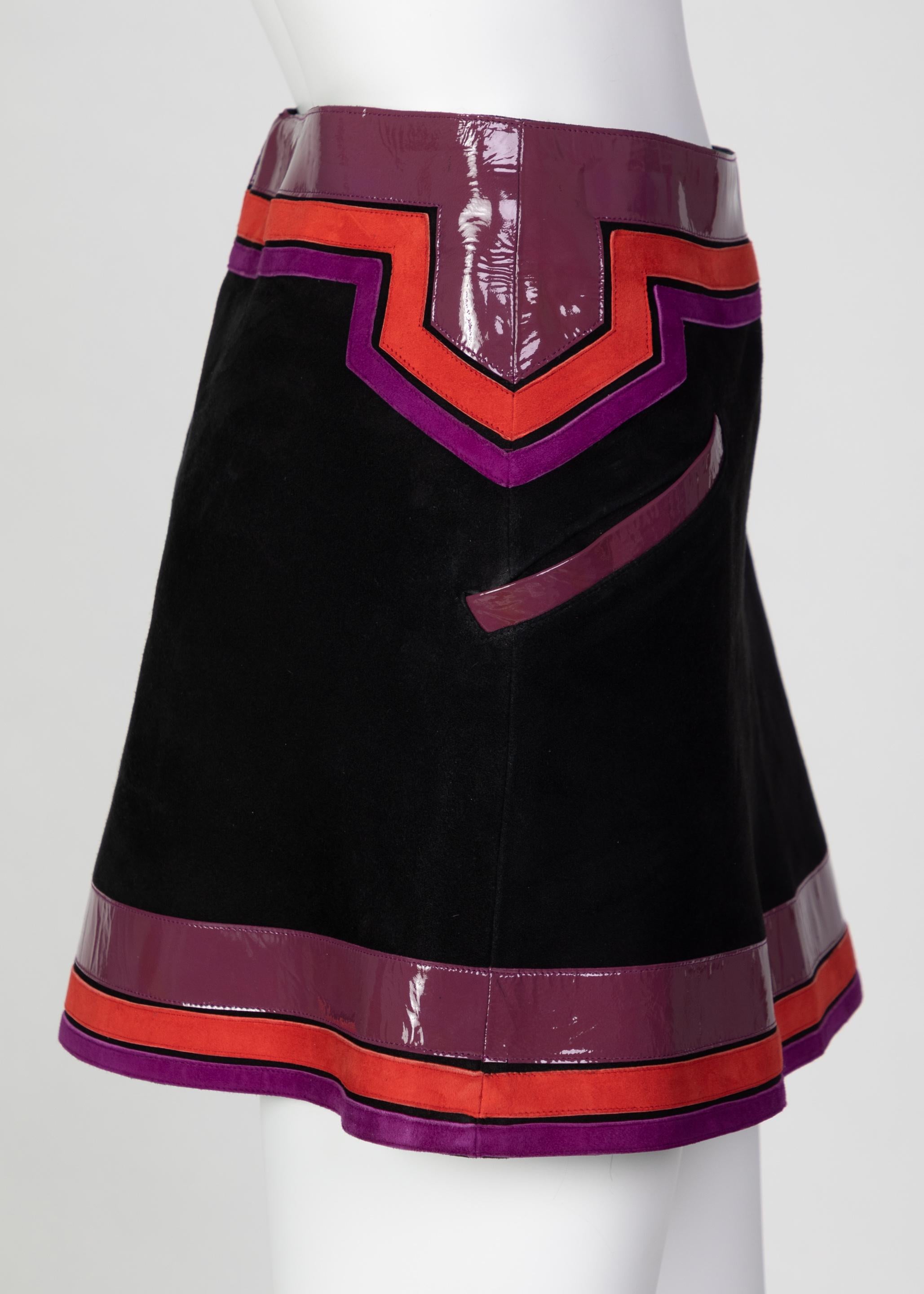Women's Gucci Black Suede Purple Pink Patent Leather Mod Mini Skirt Runway, 2007 For Sale