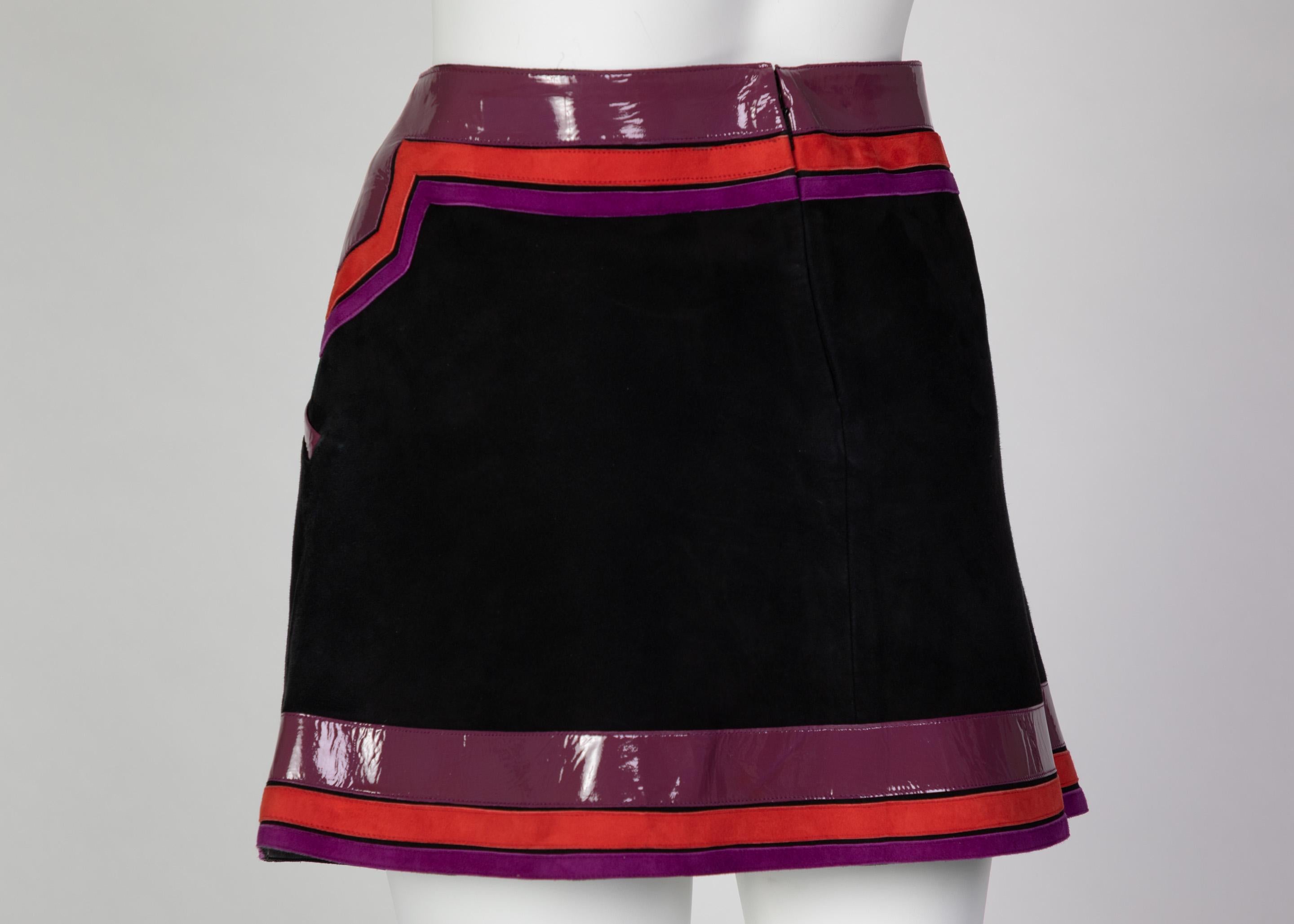 Gucci Black Suede Purple Pink Patent Leather Mod Mini Skirt Runway, 2007 For Sale 1