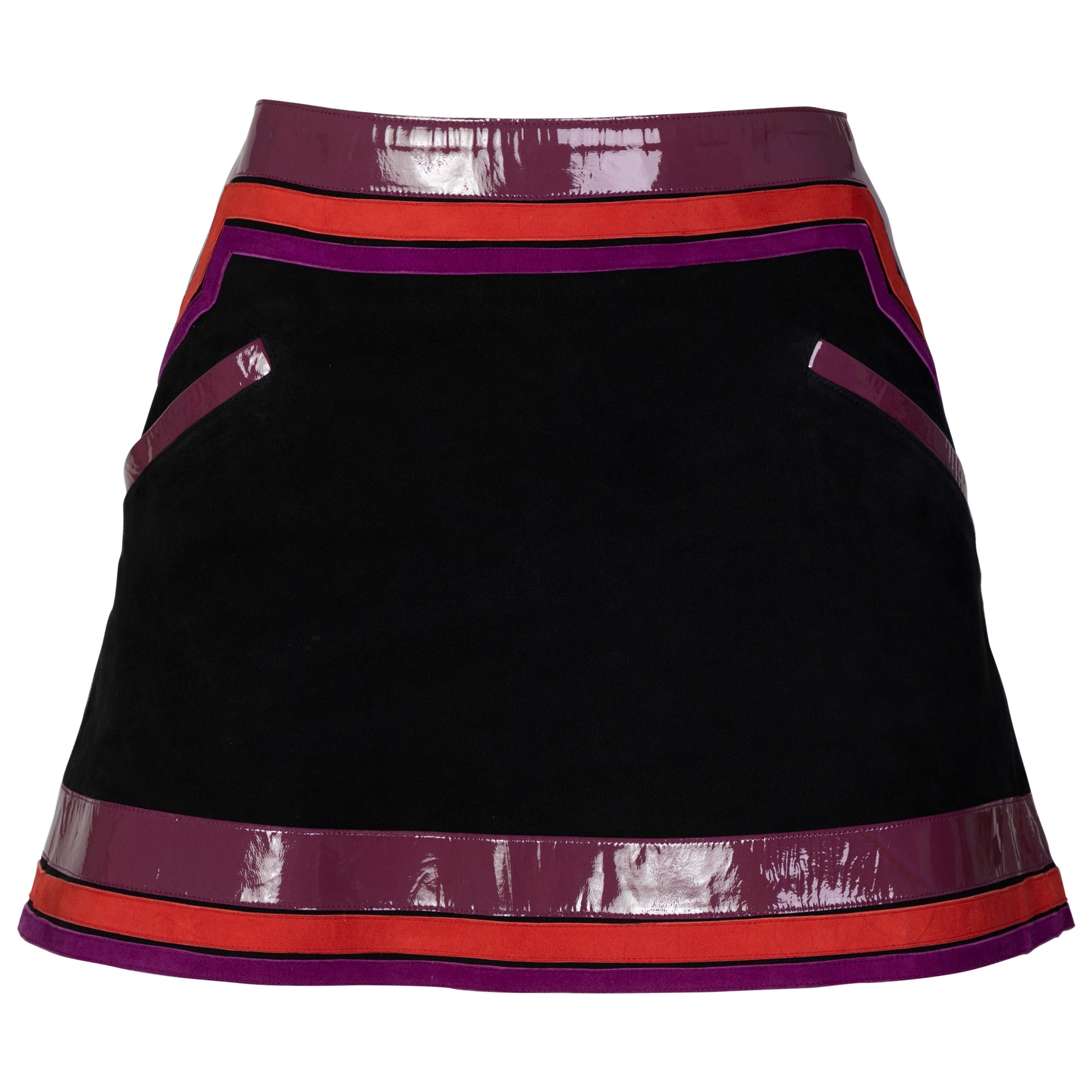 Gucci Black Suede Purple Pink Patent Leather Mod Mini Skirt Runway, 2007 For Sale