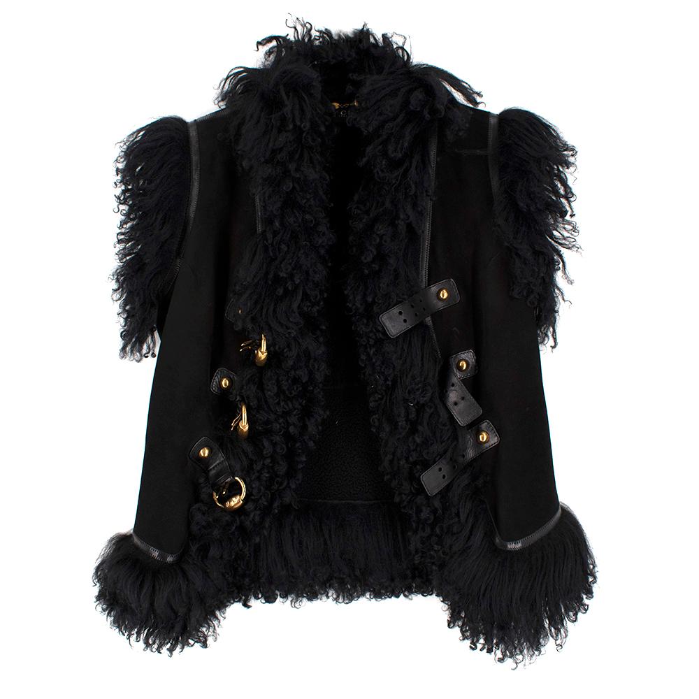 Gucci Black Suede & Shearling Buckle Detail Sleeveless Jacket - Size US 4 In Good Condition For Sale In London, GB