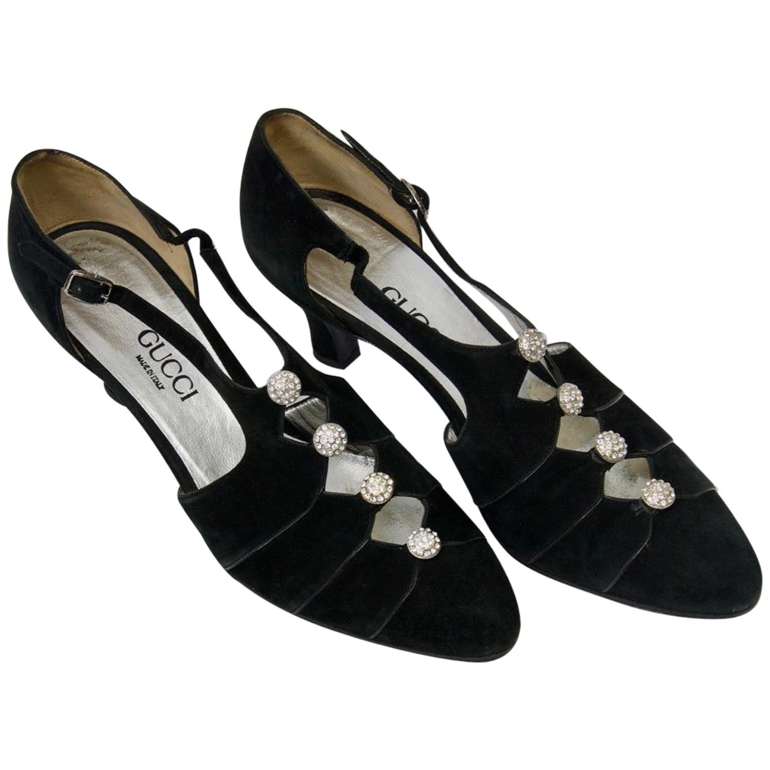 Gucci Black Suede Shoes with Rhinestone Accents