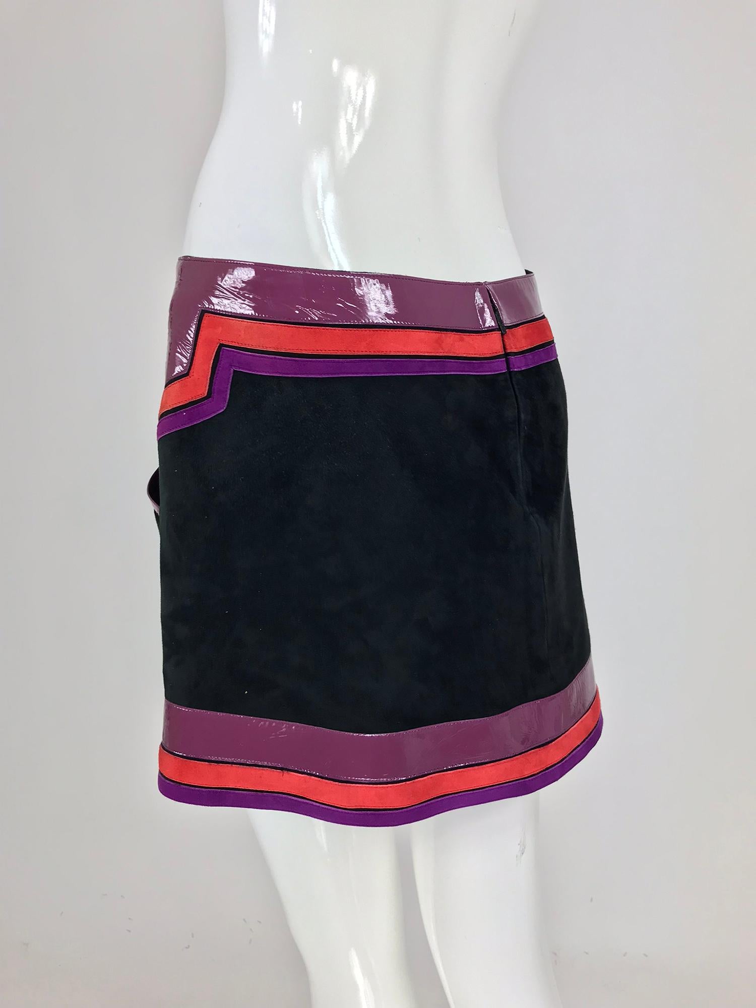 Women's Gucci Black Suede Skirt Purple and Red Patent Leather Trim S/S 2007 