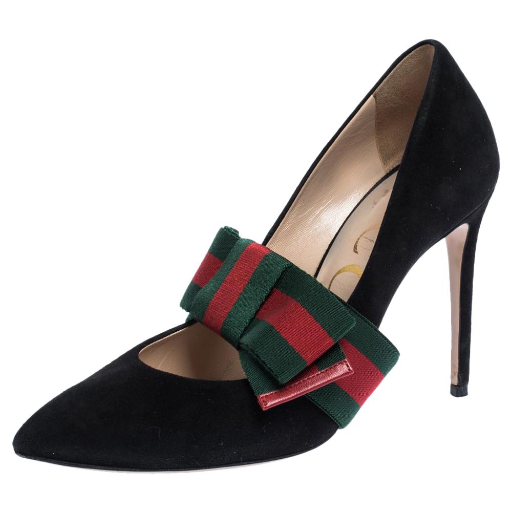 Gucci Black Suede Sylvie Removable Web Bow Pumps Size 38.5