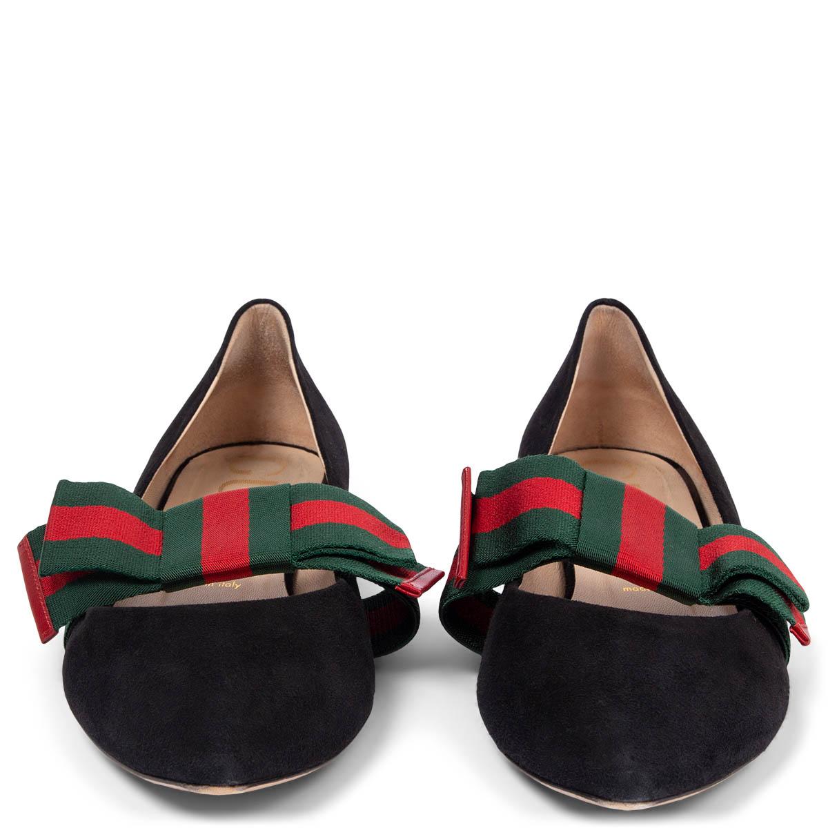 100% authentic Gucci Sylvie Web Bow in black suede leather featuring red and green bow detail. Have been worn and are in excellent condition. Come with dust bags. 

Measurements
Imprinted Size	41
Shoe Size	41
Inside Sole	27.5cm (10.7in)
Width	8.5cm