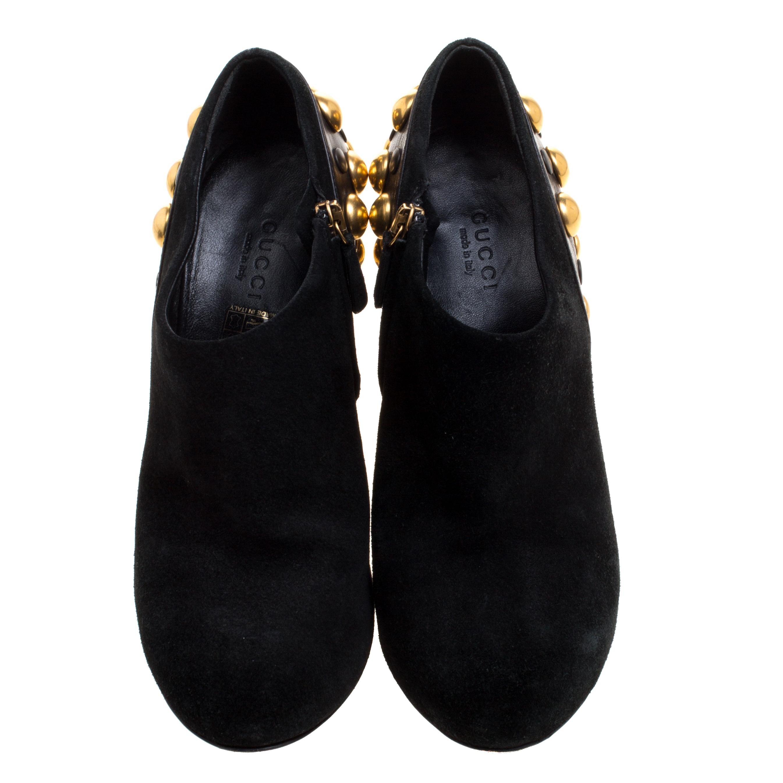 Women's Gucci Black Suede Vintage Babouska Studded Heel Ankle Boots Size 37.5