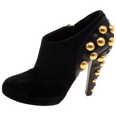 Gucci Black Suede Vintage Babouska Studded Heel Ankle Boots Size 37.5