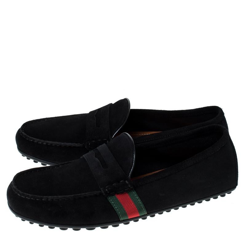 Men's Gucci Black Suede Web Detail Slip On Loafers Size 40