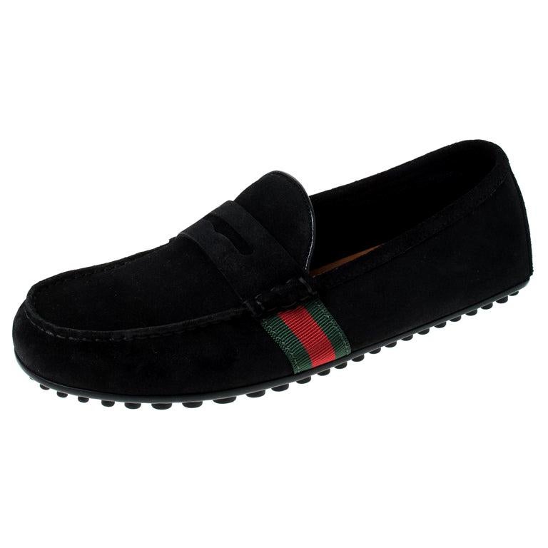 Gucci Black Suede Web Detail Slip On Loafers Size 40