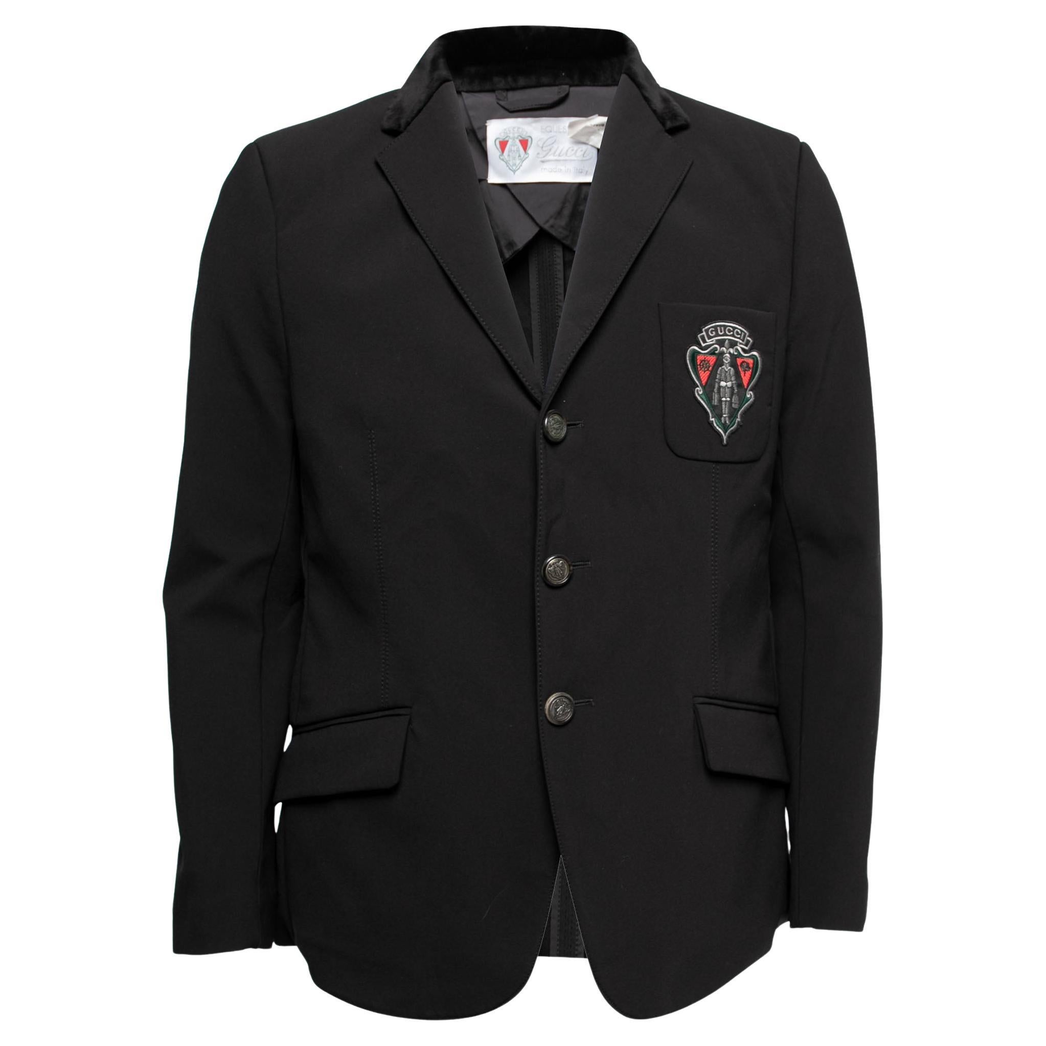 Gucci Black Synthetic Velvet Collar Detail Logo Embroidered Technical Blazer L