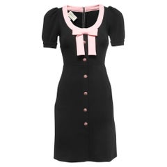 Gucci Black Technical Jersey Bow Embellished Crystal Button Midi Dress 