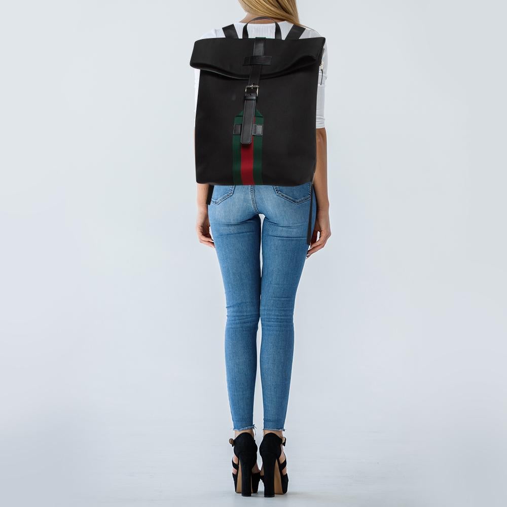 Gucci Black Techno Canvas Web Fold Over Backpack In Excellent Condition In Dubai, Al Qouz 2