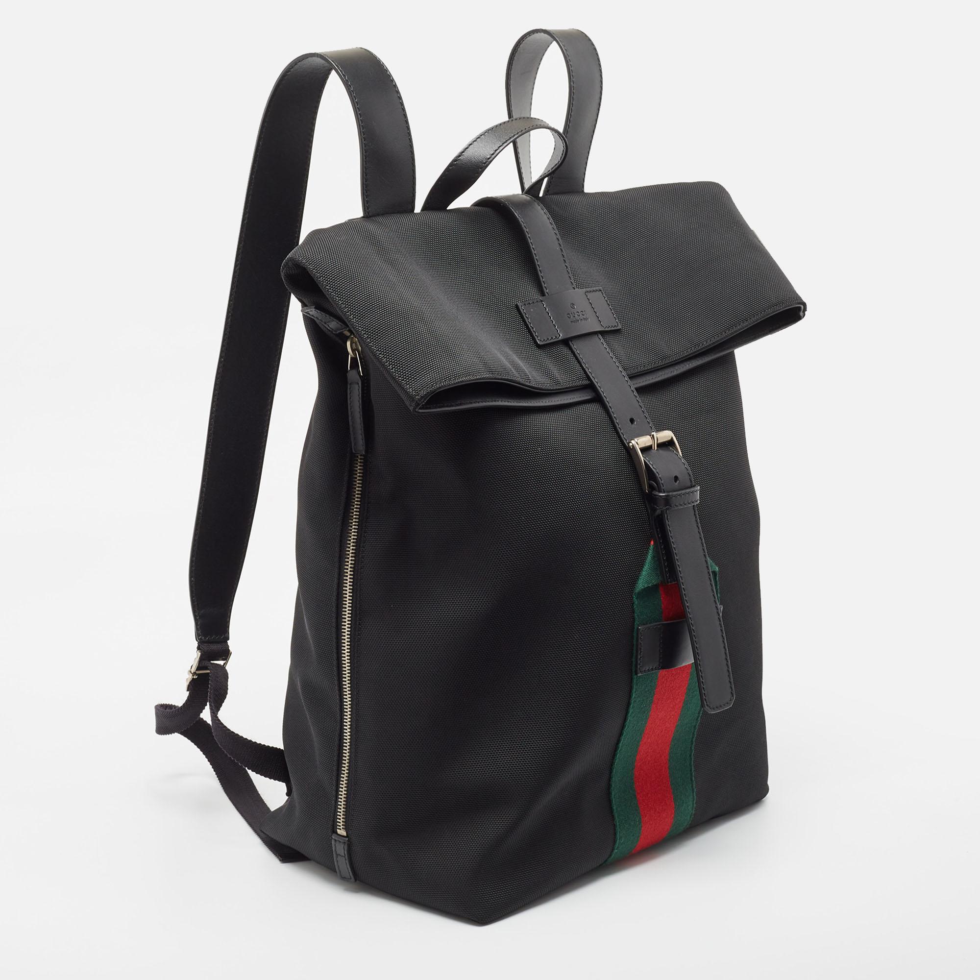 Men's Gucci Black Techno Canvas Web Fold Over Backpack