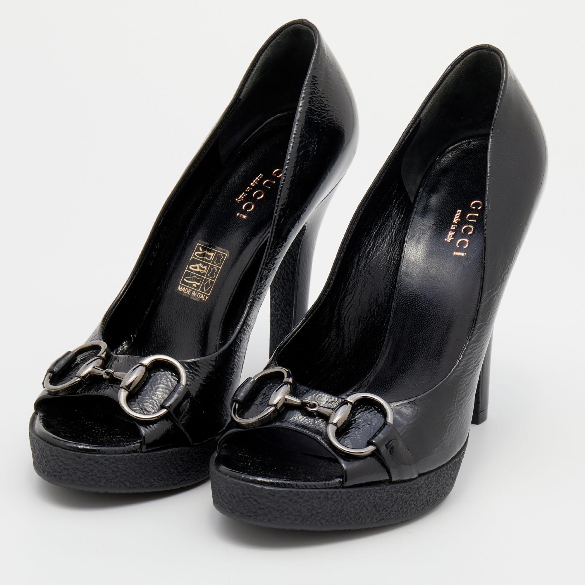 Gucci Black Texture Patent Leather Jolene Horsebit Peep Toe Pumps Size 36 1