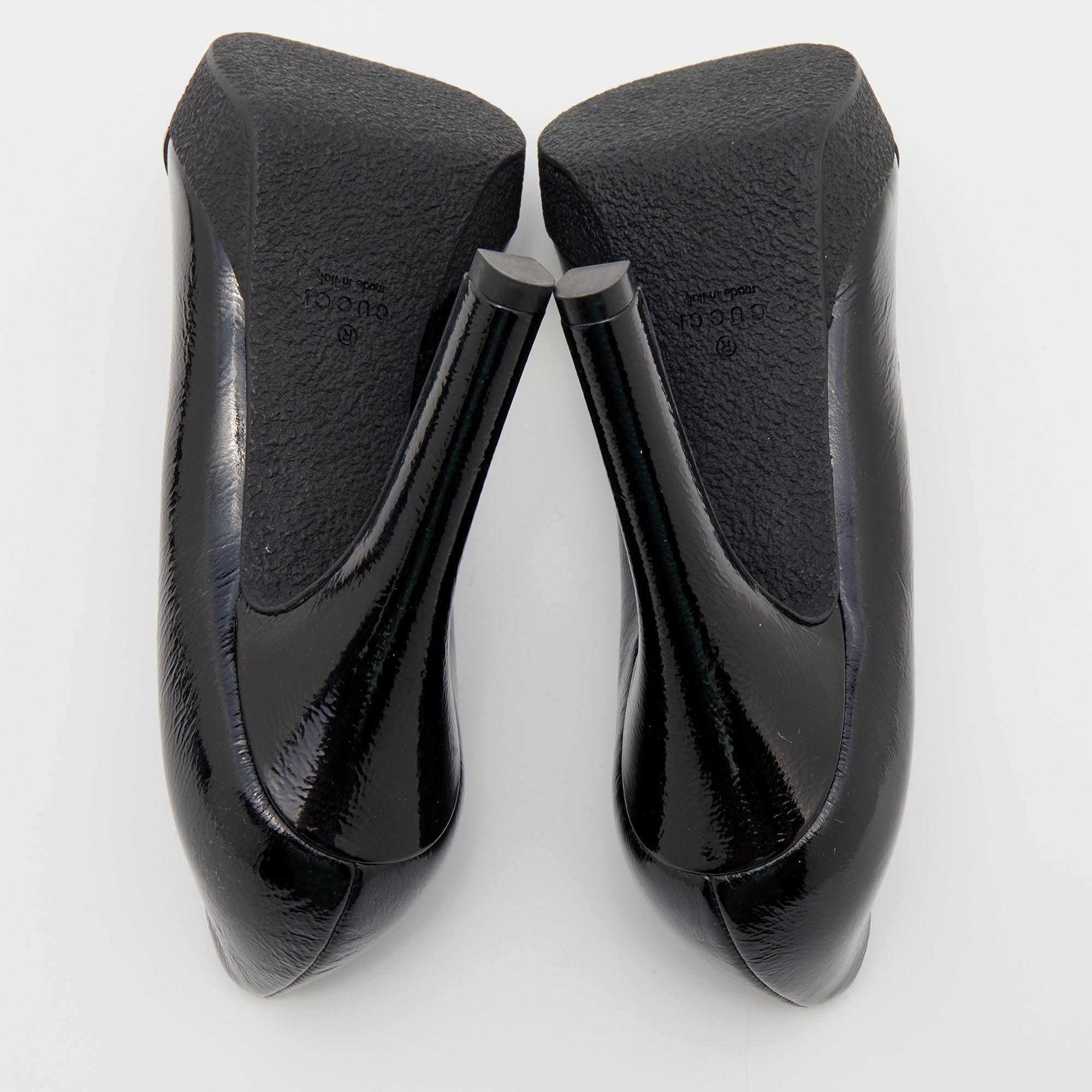 Gucci Black Texture Patent Leather Jolene Horsebit Peep Toe Pumps Size 36 4