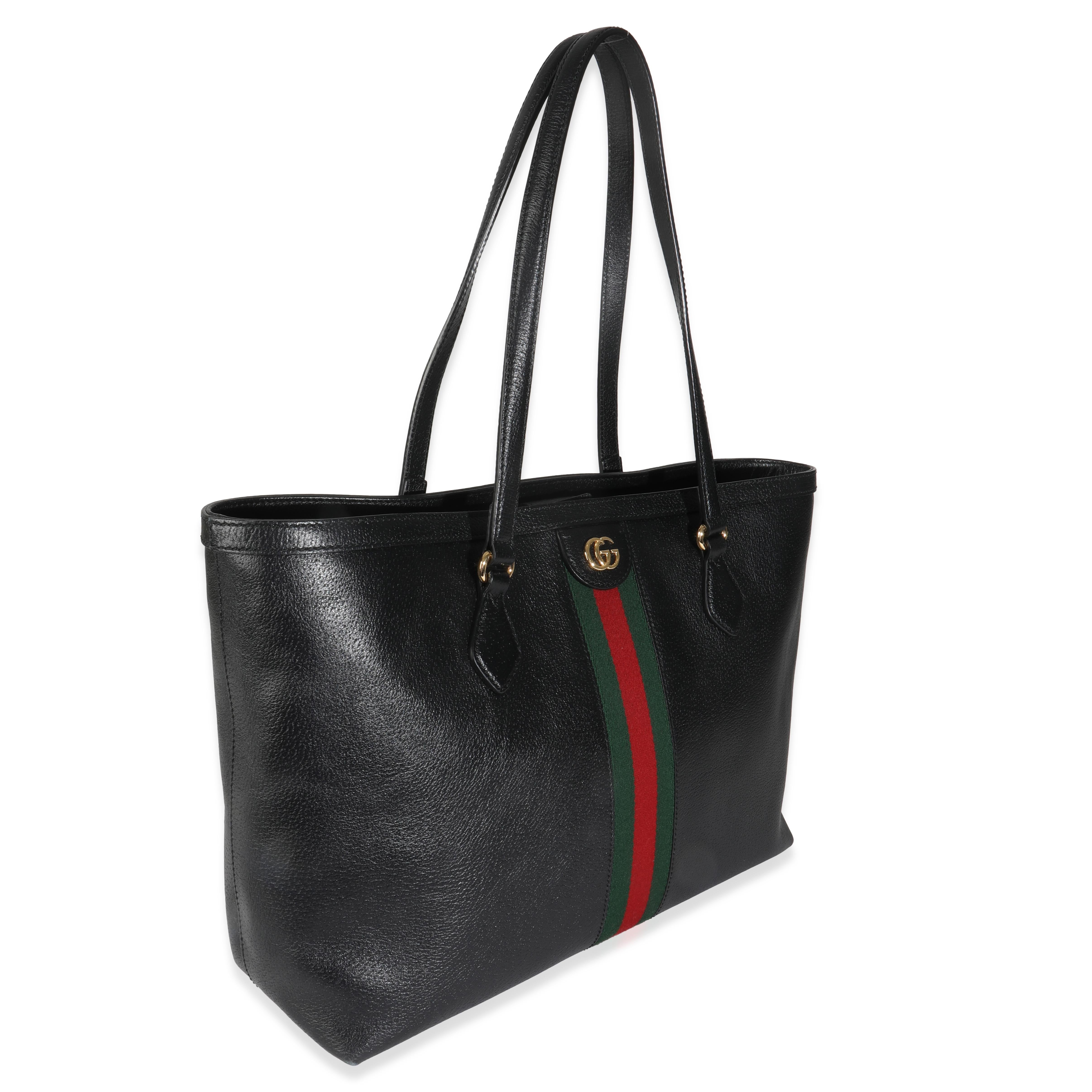 Gucci Black Textured Calfskin Web Medium Ophidia Shopping Tote In Excellent Condition For Sale In New York, NY