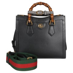 Gucci Black Textured Dollar Calfskin Web Medium Diana Tote