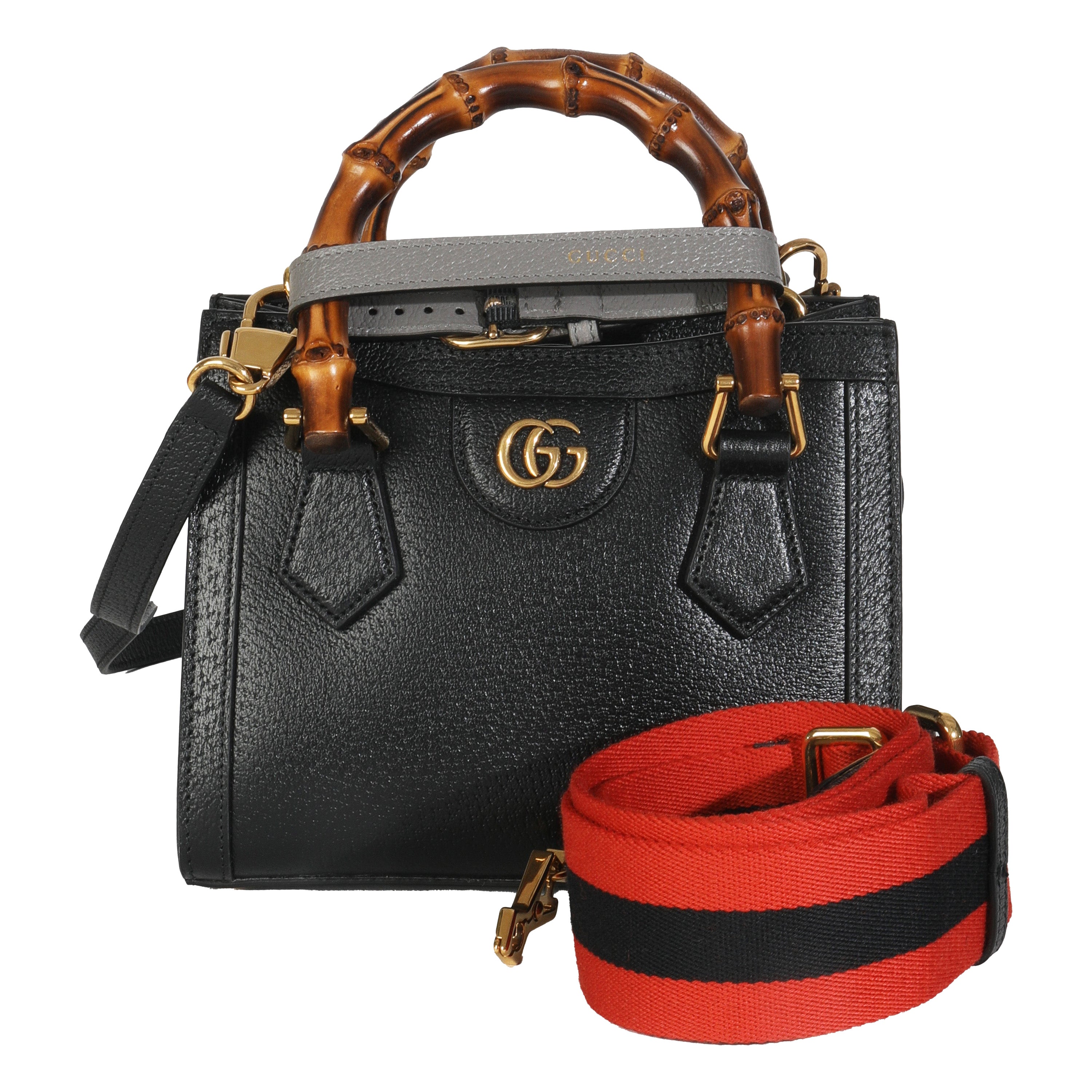 Gucci Black Dollar Calfskin Textured Web Mini Diana Tote Bag