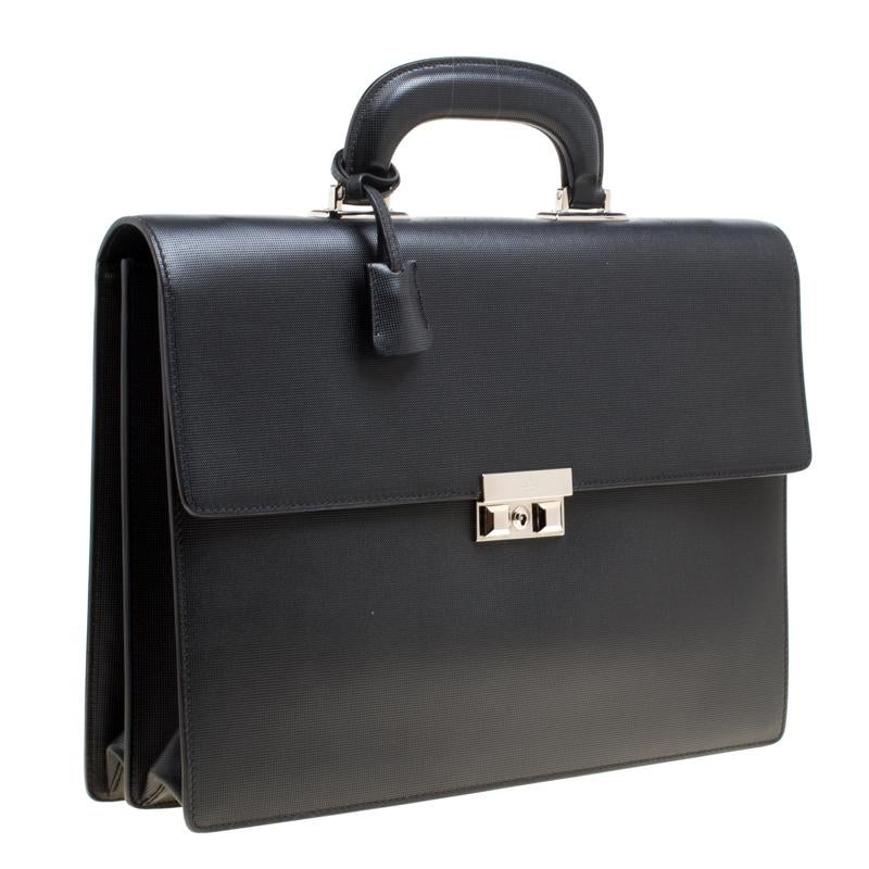 Gucci Black Textured Leather Double Gusset Briefcase 4