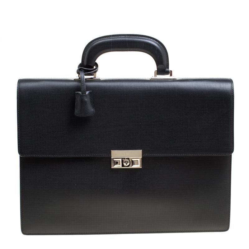 Gucci Black Textured Leather Double Gusset Briefcase