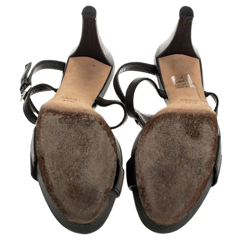 Women's Gucci Black Textured Leather Horsebit T-Bar Ankle Strap Sandals Size 37.5