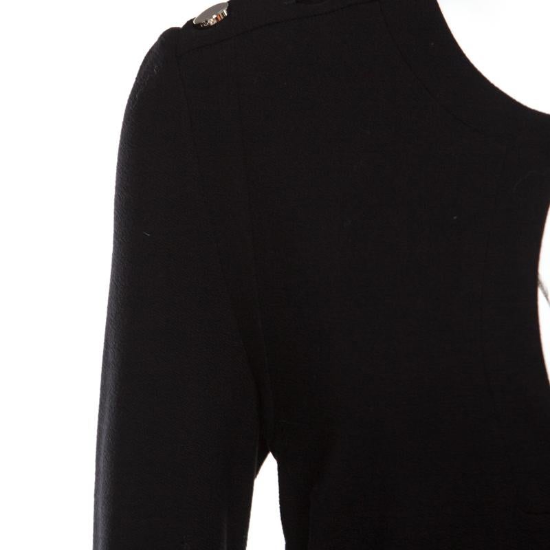 Women's Gucci Black Textured Shoulder Button Detail Long Sleeve Shift Dress M