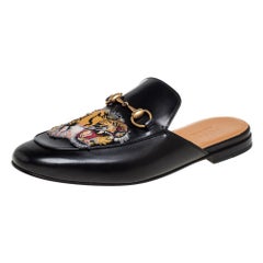 Gucci Black Tiger Embroidered Leather Horsebit Princetown Mules Size 42
