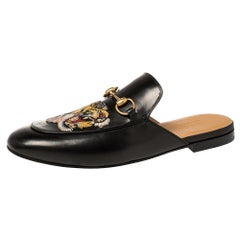 Gucci Black Tiger Embroidered Leather Princetown Horsebit Mules Size 43.5