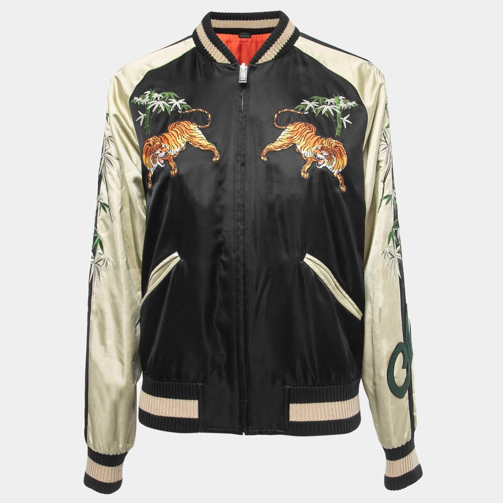 Gucci Black Tiger Embroidered Satin Reversible Bomber Jacket L 6