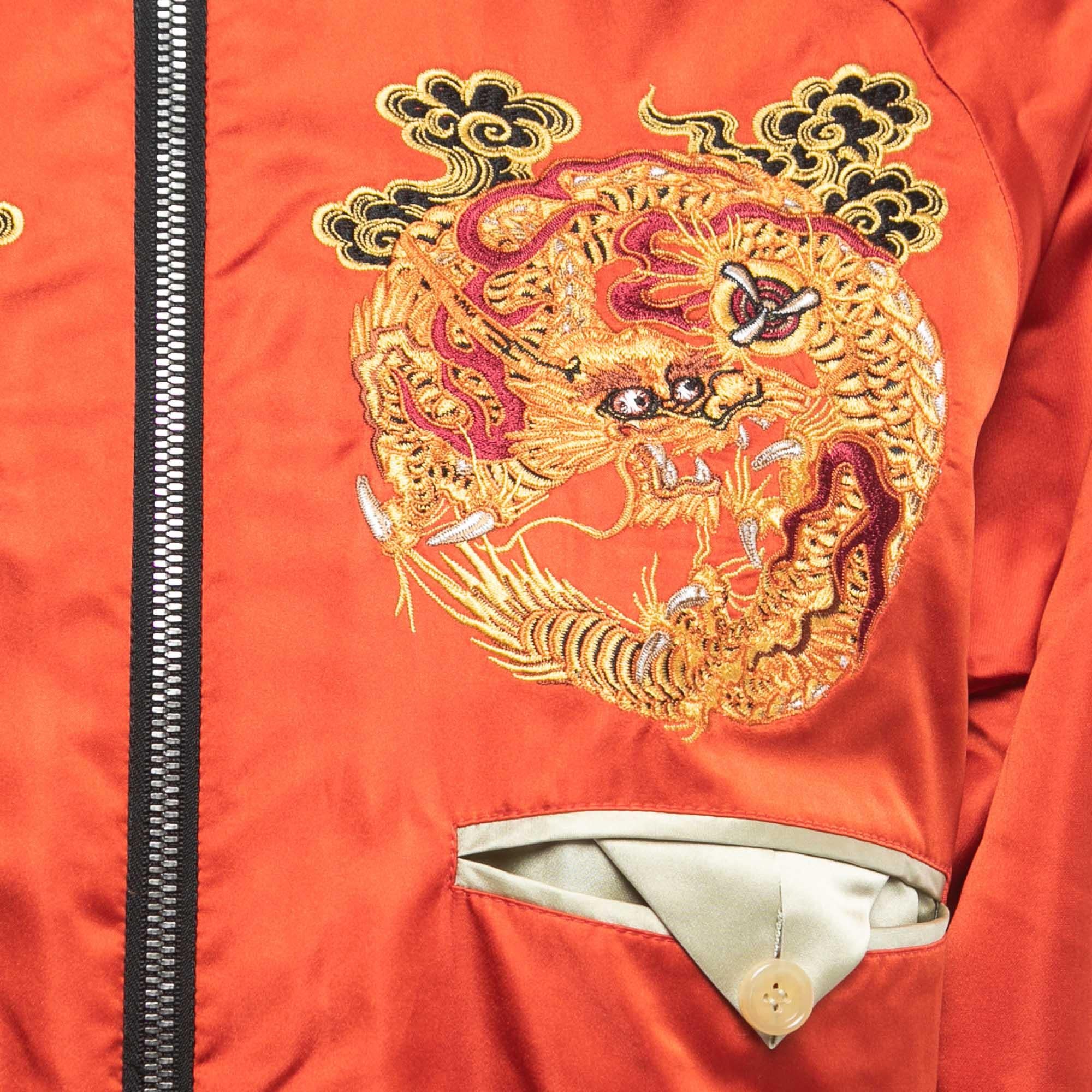 Women's Gucci Black Tiger Embroidered Satin Reversible Bomber Jacket L