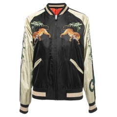 Gucci Black Tiger Embroidered Satin Reversible Bomber Jacket L