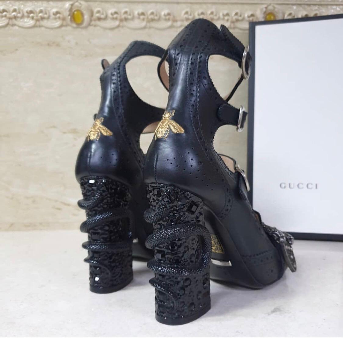 Gucci Black Triple Strap Snake Heel Pump Sandals at 1stDibs heels with snakes on them gucci black strap gucci snake heels