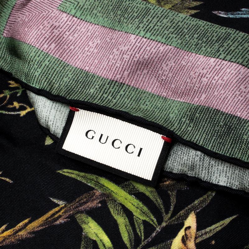 Women's Gucci Black Tropical Flora and Fauna Printed Silk Square Scarf