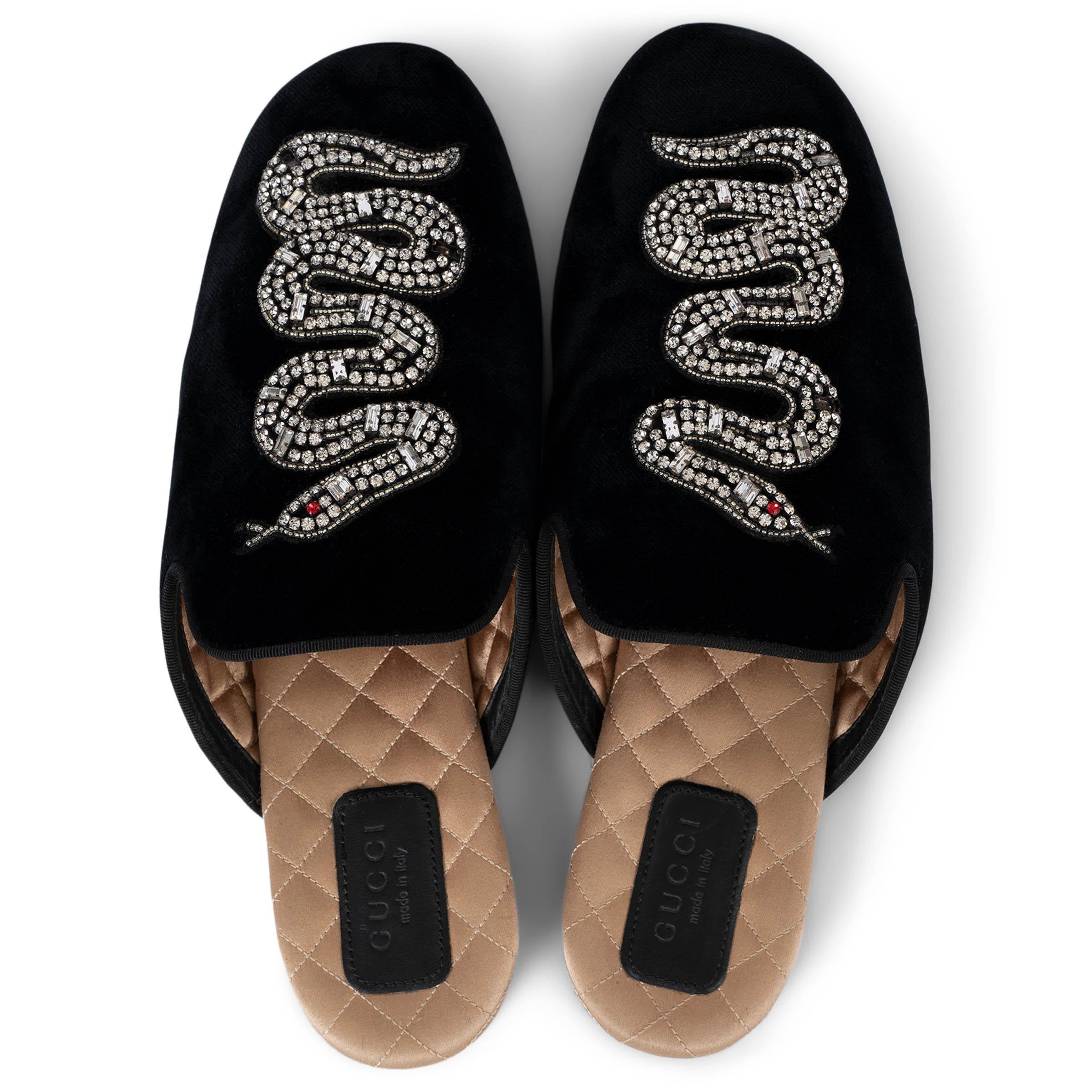De las mujeres GUCCI terciopelo negro 2017 LAWRENCE CRYSTAL SNAKE Chanclas Zapatillas Zapatos 38 en venta