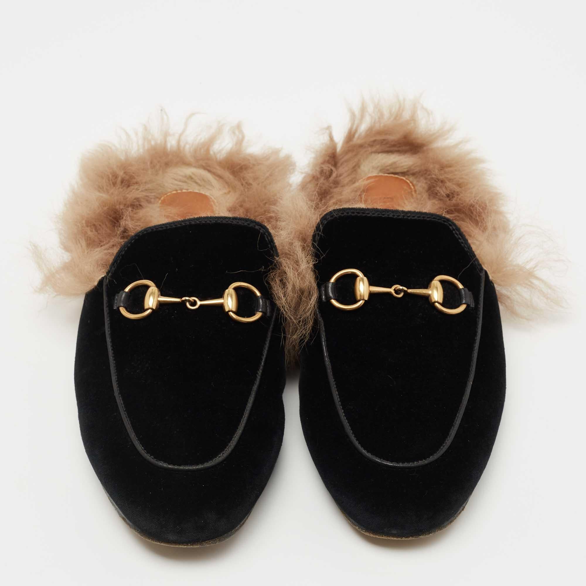 Gucci Black Velvet and Fur Princetown Flat Mules Size 36 1