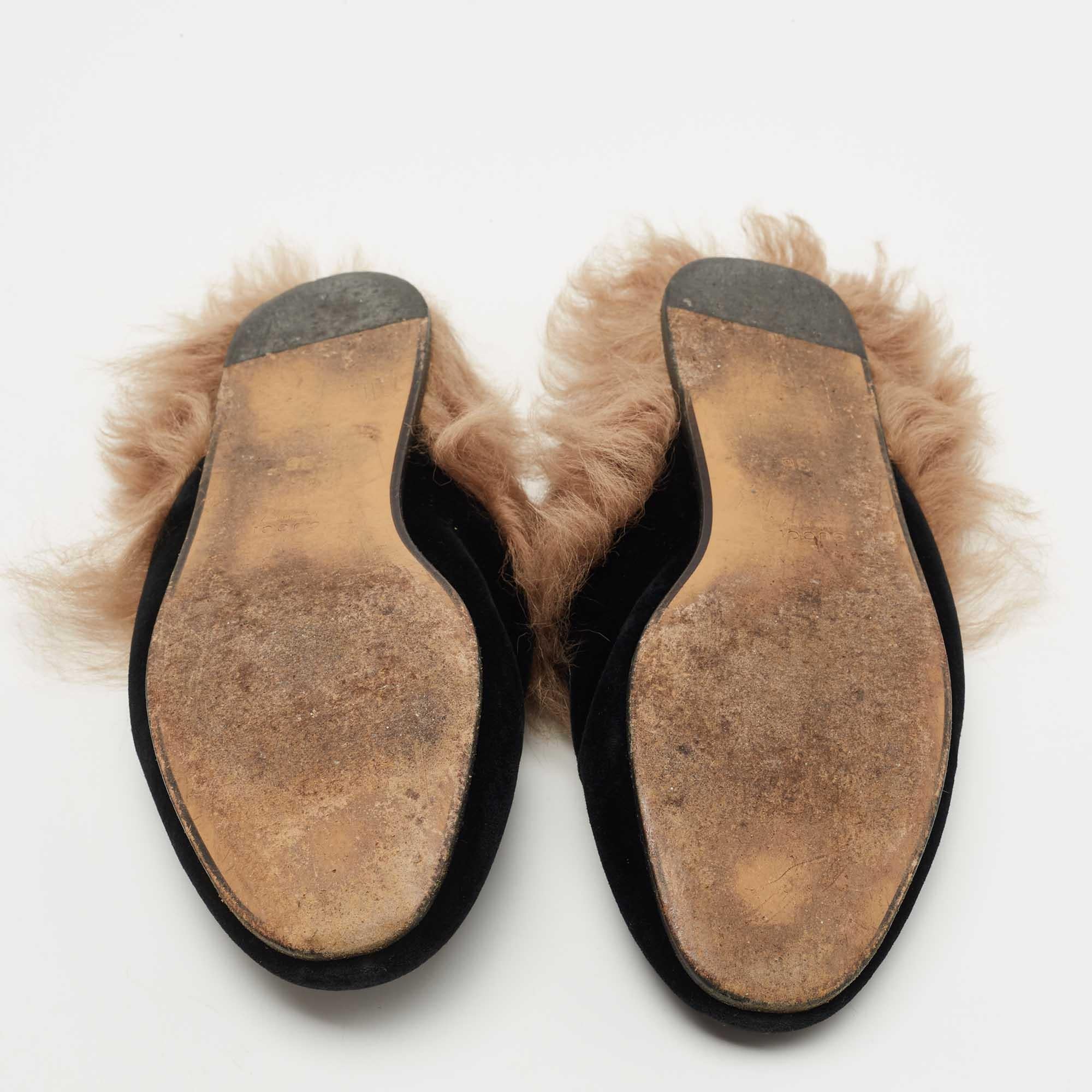 Gucci Black Velvet and Fur Princetown Flat Mules Size 36 3