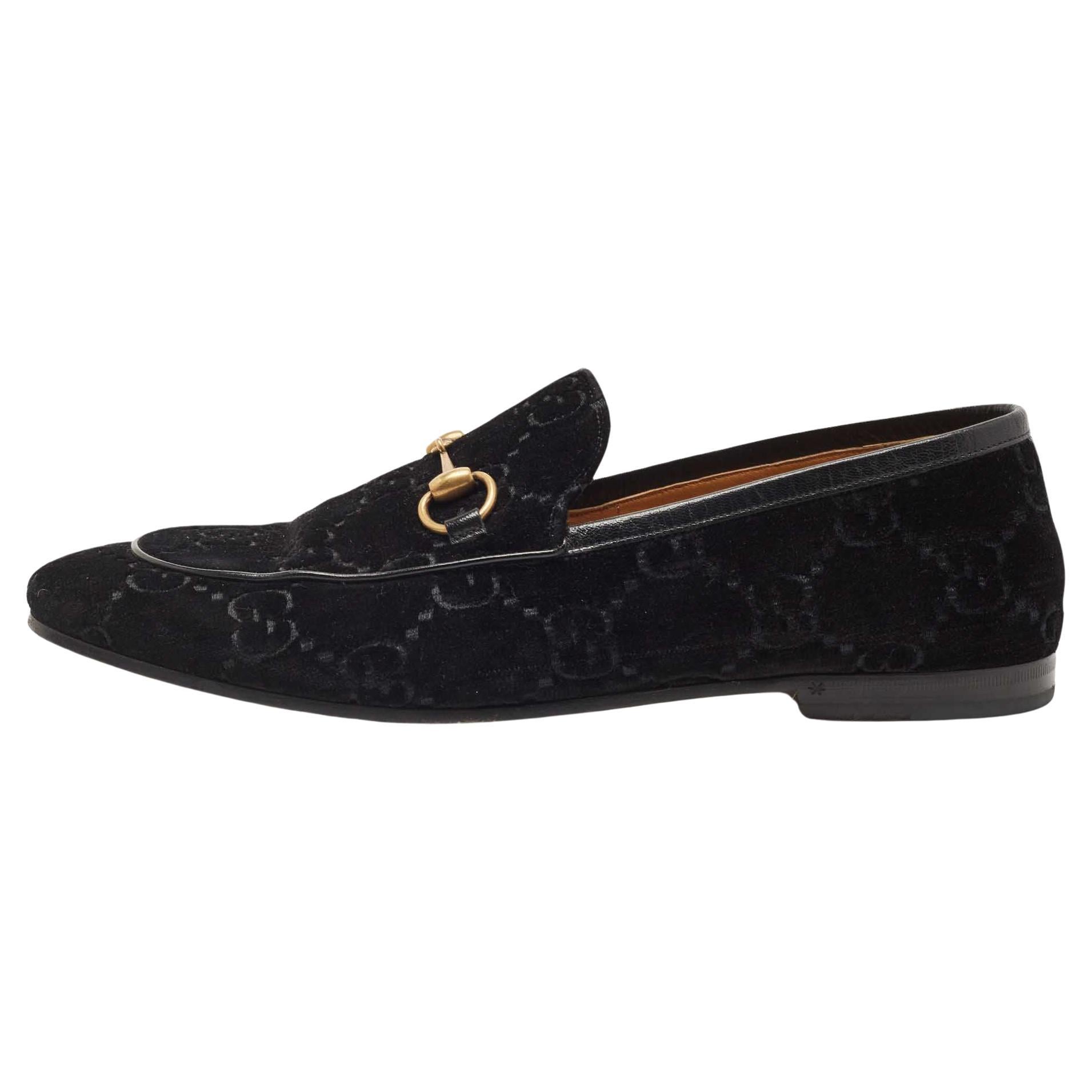 Gucci Black Velvet and Leather Jordaan Loafers Size 44